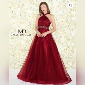 NWT Size 4 Mac Duggal Burgundy Halter Style Ballgown Crystal Waist
